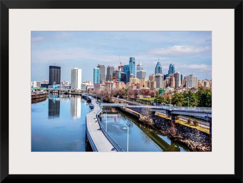 View of skyscrapers in Philadelphia, Pennsylvania, seen from the waterway.