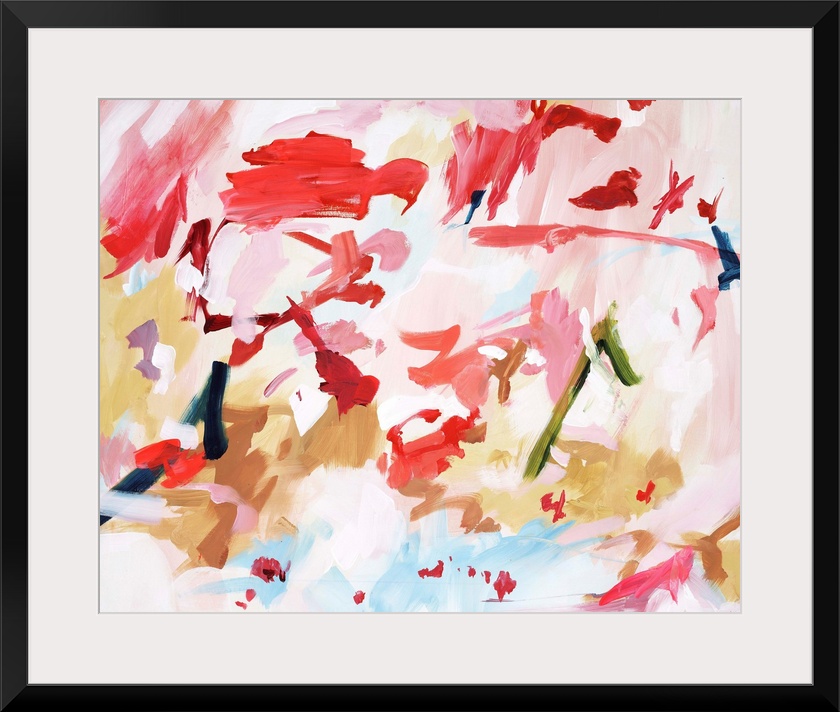 Colorful contemporary abstract painting consisting of short brush strokes in blush pinks, scarlet reds, and citron yellows.