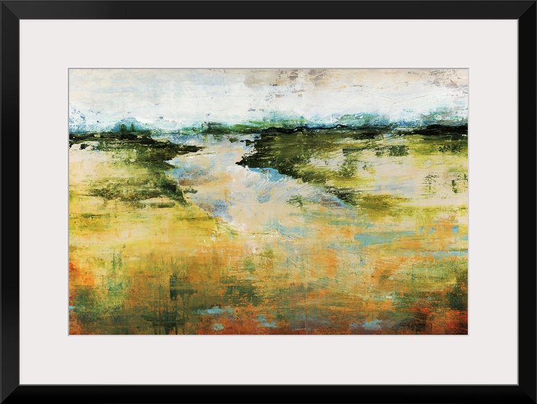 A flat landscape and horizon in this abstract painting created with vague and dripping shapes.