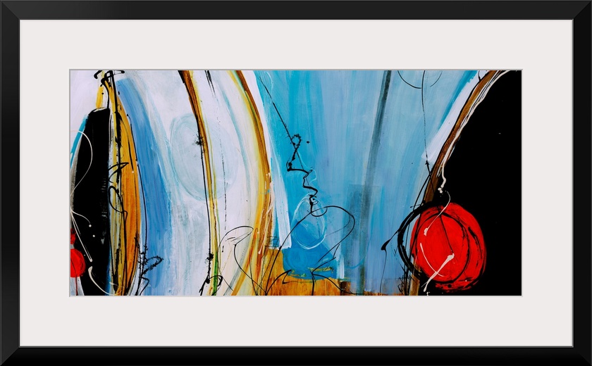 Contemporary painting of light blue forms complemented by red, circular shapes, curved yellow lines, and black semi-circles.