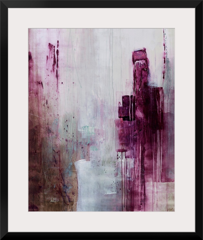 Contemporary abstract painting of plum tones smeared in a downward motion against a faded background.