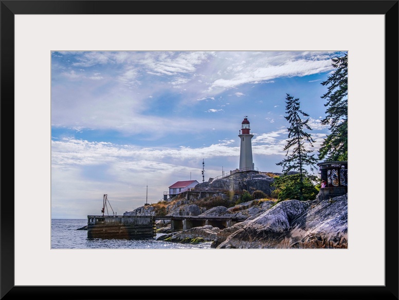 View of Point Atkinson Lighthouse and blue skies in Vancouver, British Columbia, Canada.