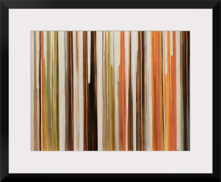 Large abstract art includes an abundance of thin vertical lines in a variety of different earth tones that have been align...