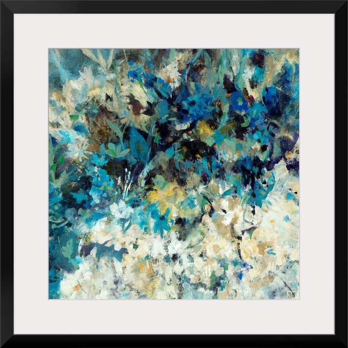 Square, oversized abstract painting of many small flowers in light, cool tones. Painted with short, rough brushstrokes.