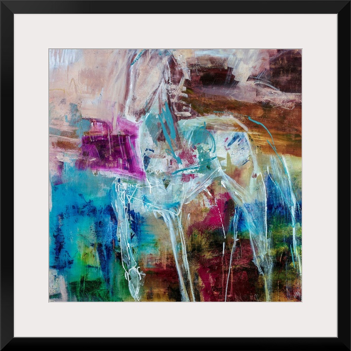 Abstract painting of a pony outlined in white, complemented by splotches of vibrant purple and bright blue.