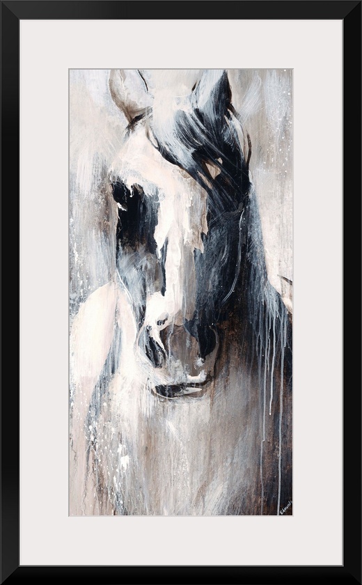 Neutral-toned painting of a horse with paint drips.