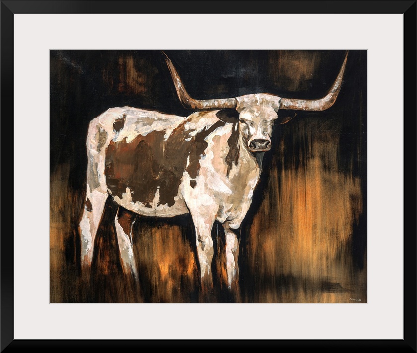 Earth-toned portrait of a Texas Longhorn.