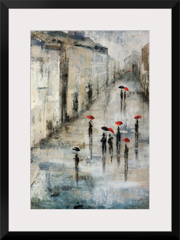 Neutral-toned painting of pedestrians holding umbrellas while walking along a promenade on a dreary day.