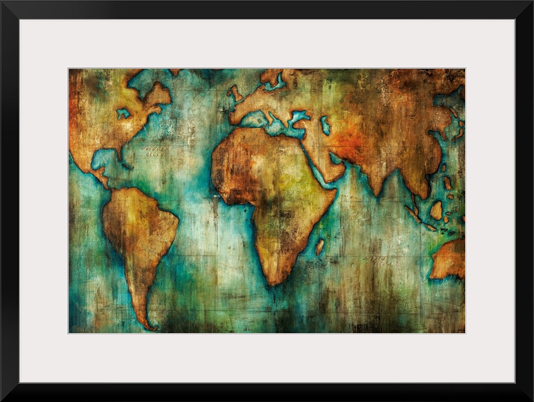 Painting of a world map done in an antique style with shades of brown and blue-green.