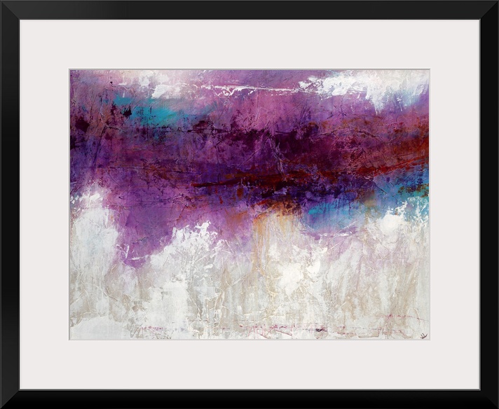 Abstract artwork consisting of a bright purple mass over a cool, neutral background.