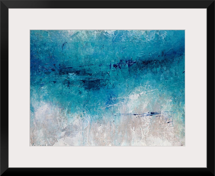 Abstract artwork consisting of a bright blue  mass over a cool, neutral background.