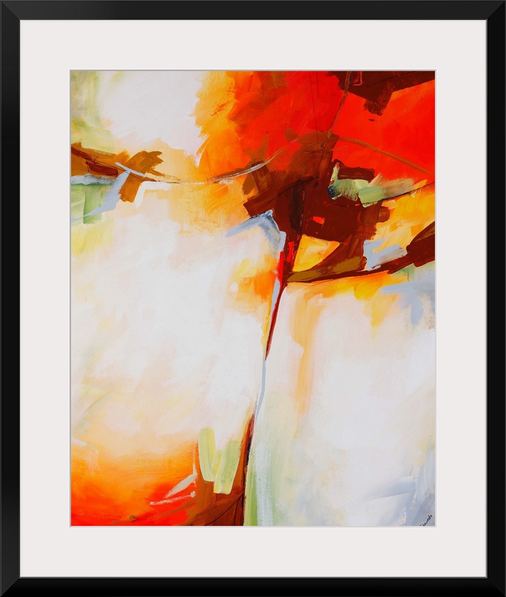 Abstract painting done with muted, pastel colors and pops of bright orange-red.