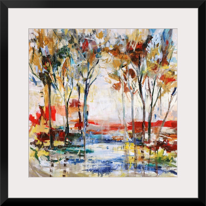 Contemporary painting of a grove of vibrant trees, surrounded by a multicolored playful landscape.