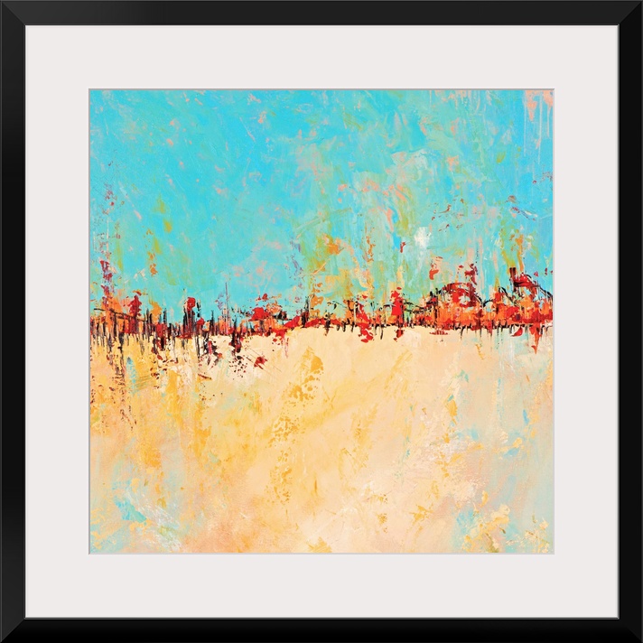Contemporary abstract painting with bright turquoise and gold separated by intense orange.
