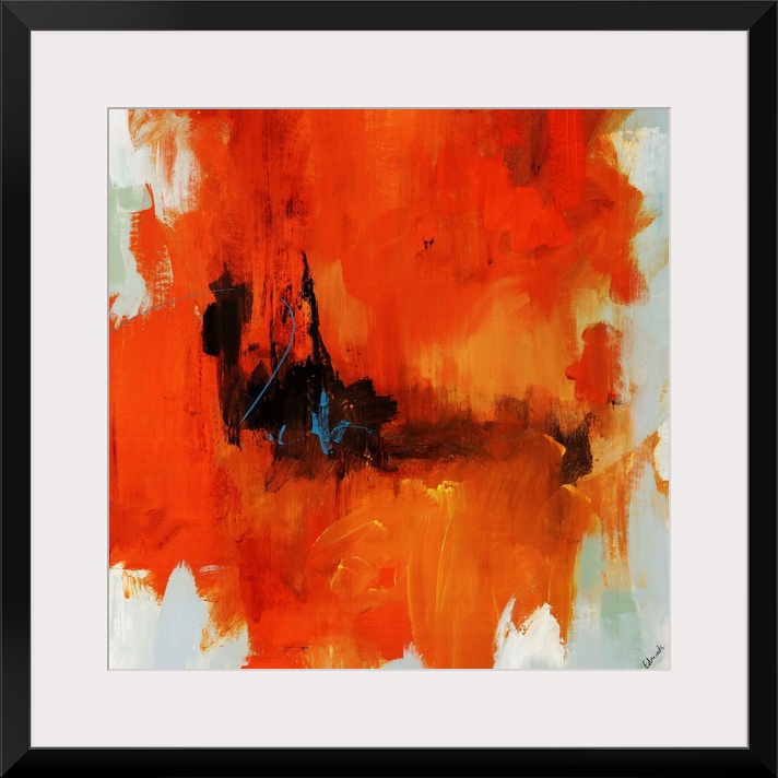 Abstract painting on a square canvas of large bright warm paint strokes contrasted against lighter tones on the left and d...
