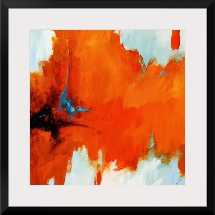 Contemporary painting on a square canvas of an abstract vision involving intense, hot color retreating from a dark center.