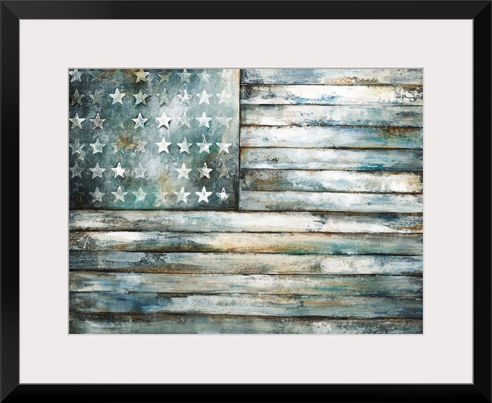 Contemporary painting of a wooden and weathered looking American flag.