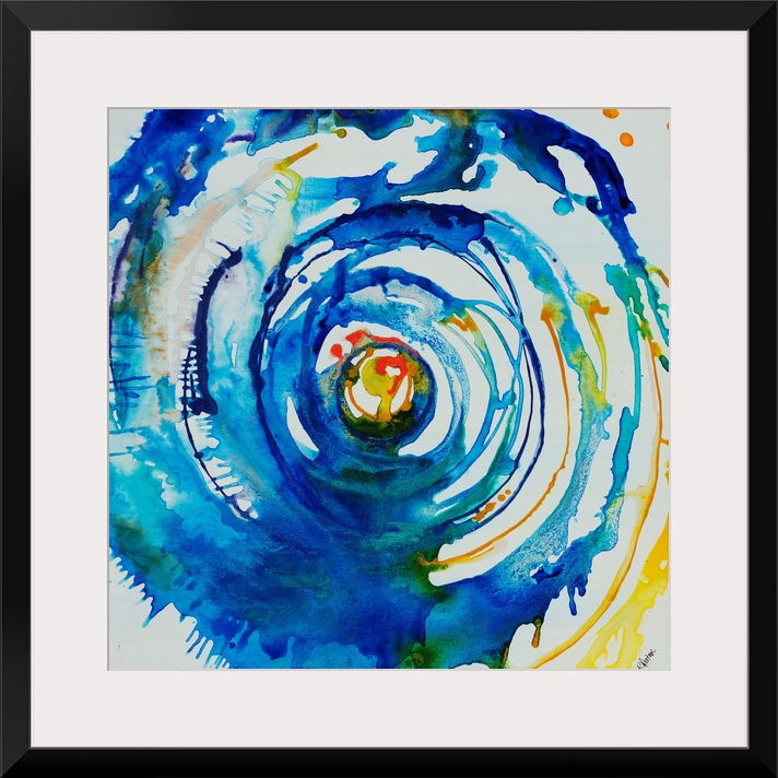 Contemporary painting of a multicolored swirl of spattered paint that gives the appearance of moving through a vortex towa...