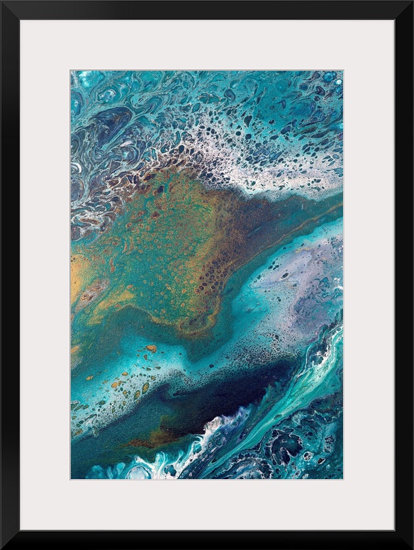 Abstract contemporary painting in color tones resembling the ocean, applied in a marbling effect.