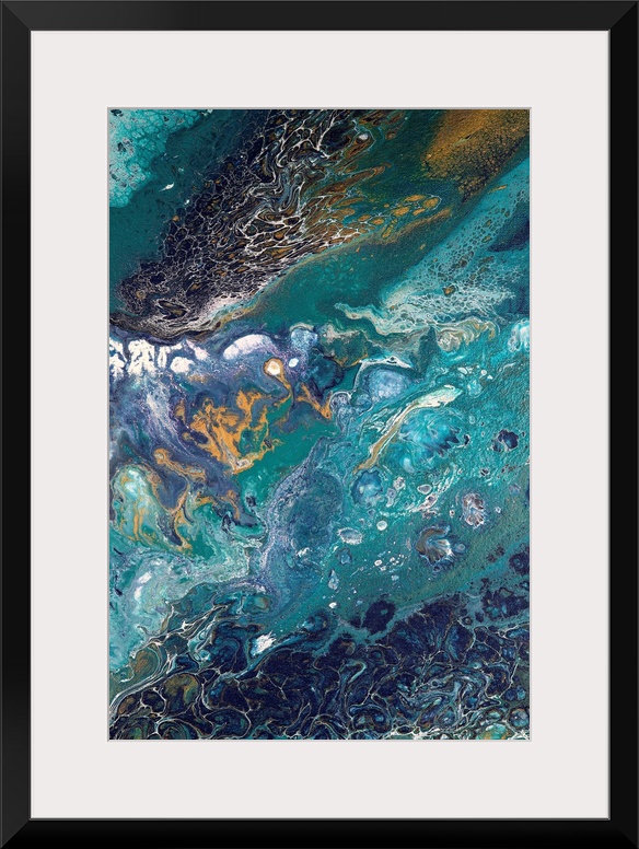 Abstract contemporary painting in color tones resembling the ocean, applied in a marbling effect.