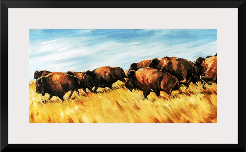 Painting of a herd of buffalo running wild on a grassy plain.