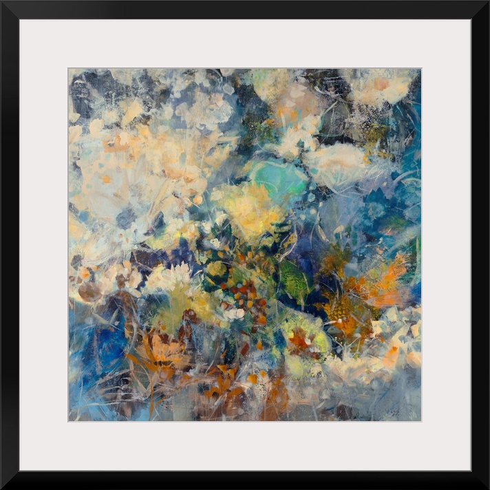 Huge abstract art depicts a large assortment of flowers mixed together through the use of numerous earth and cool tones. A...
