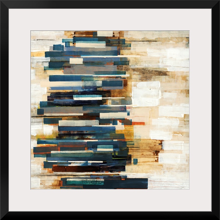 This large square shaped wall hanging is an abstract painting created with geometric brushstrokes creating dark streaks on...