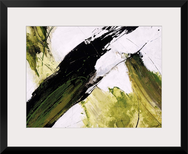 Abstract painting of dark and light green paint slashing across a neutral background.