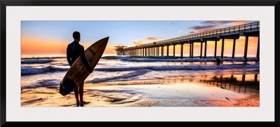 Scripps Pier and Surfer Silhouette at Sunset, La Jolla, San Diego- Panoramic