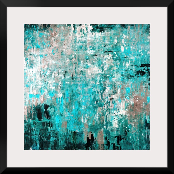 Big abstract art composed of different shades of a cool tone layered on top and next to each other in small patches of color.