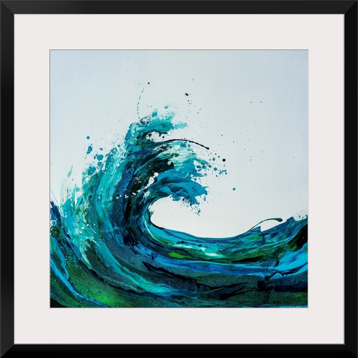 Contemporary square painting of an energetic wave done in various shades of blue and green.