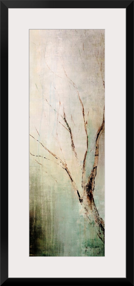 Panoramic contemporary art depicts a lone tree branch composed of earth tones as it sits in front of a bare background.