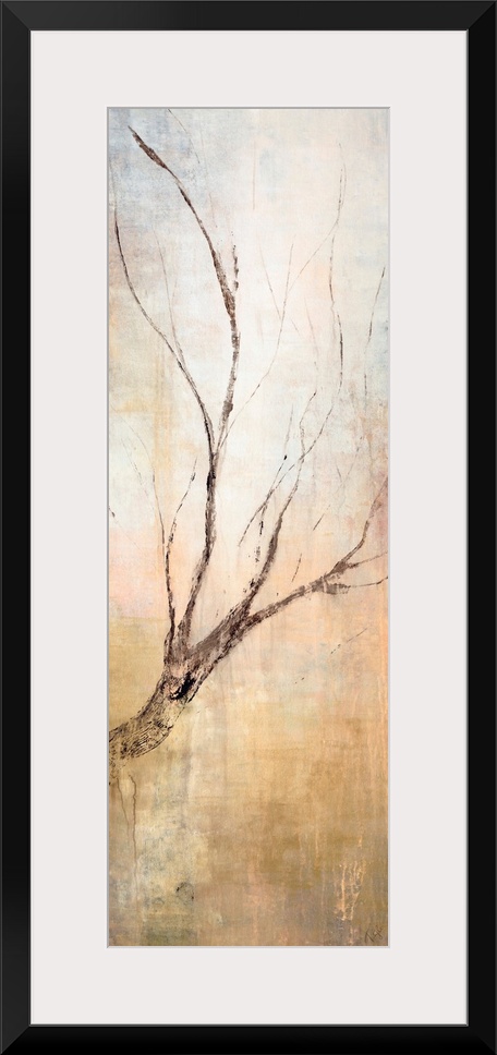 Contemporary vertical panoramic painting of tree branch with several other smaller twigs branching off in an upward direct...