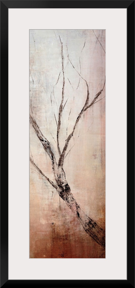 Vertical panoramic canvas painting of an abstract tree branch growing upwards on a grungy background.