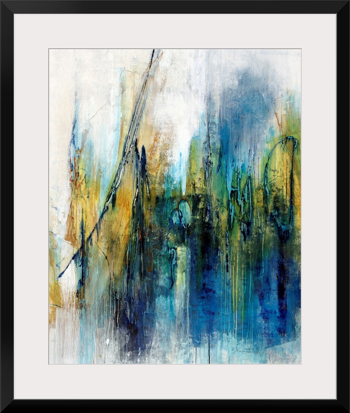Contemporary abstract painting using blue mixed with gold in swiping vertical swipes, against a neutral background.
