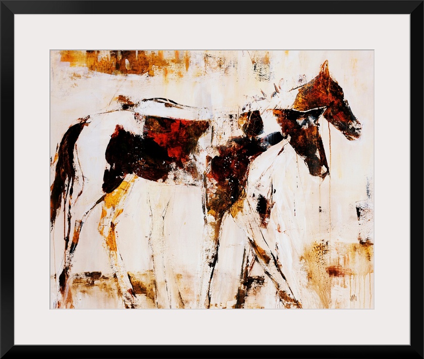 Earth-toned portrait of two horsed standing side by side.