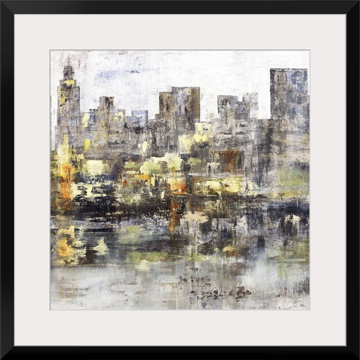 Square abstract painting of a city skyline with tall buildings in dark shades of gray and brown with gold, yellow, orange,...