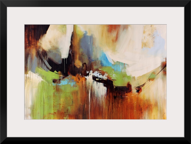 Huge abstract art incorporates patches of different sized earth tones with a few small highlights running throughout the p...