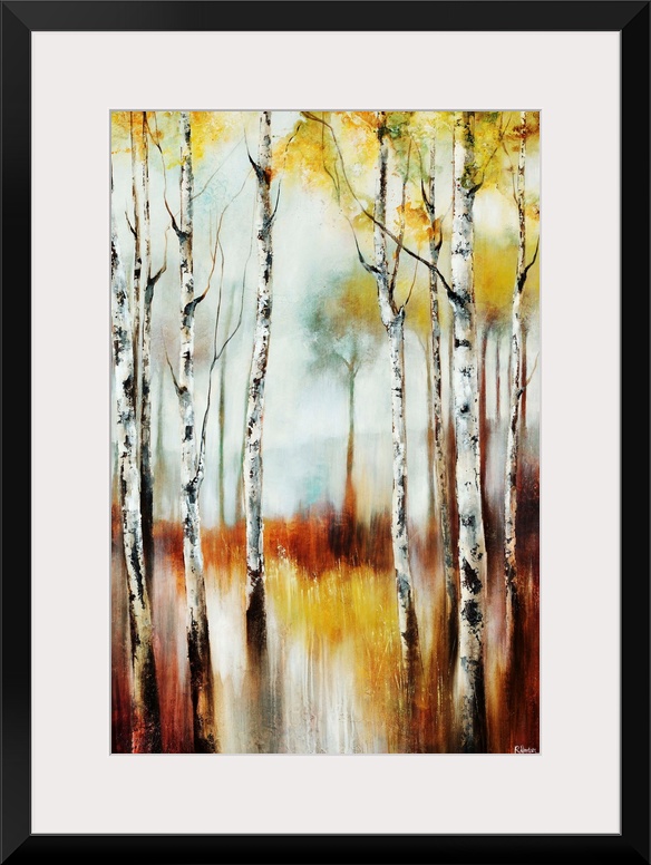 Abstracted landscape painting of a forest of birch trees going through seasonal transitions.