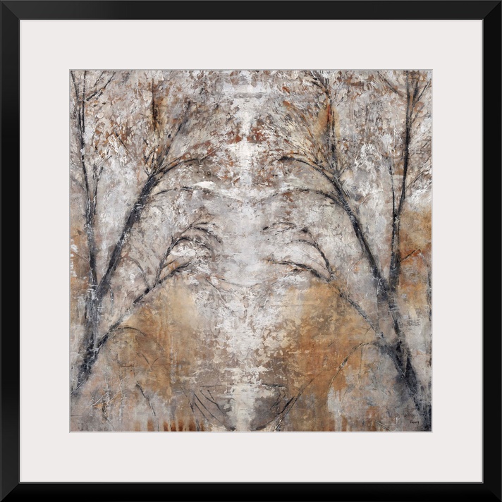 Abstract landscape painting of a path between two trees done in cool, neutral tones and silvery grays.