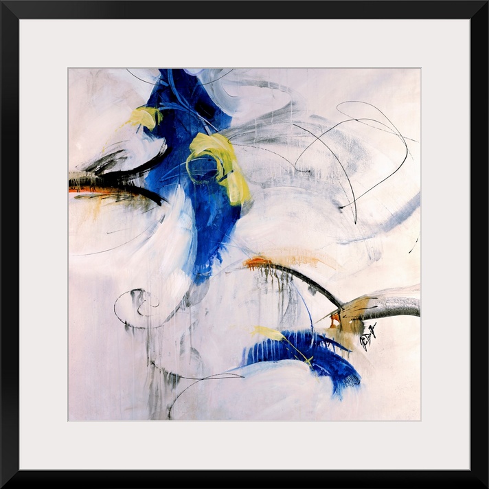 A square, abstract painting of swirls and shapes of color on a neutral backdrop.