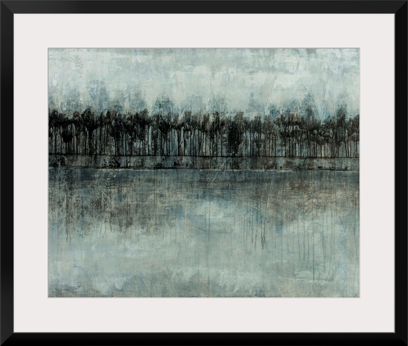 Abstract landscape of a forest in various shades of blue and gray.