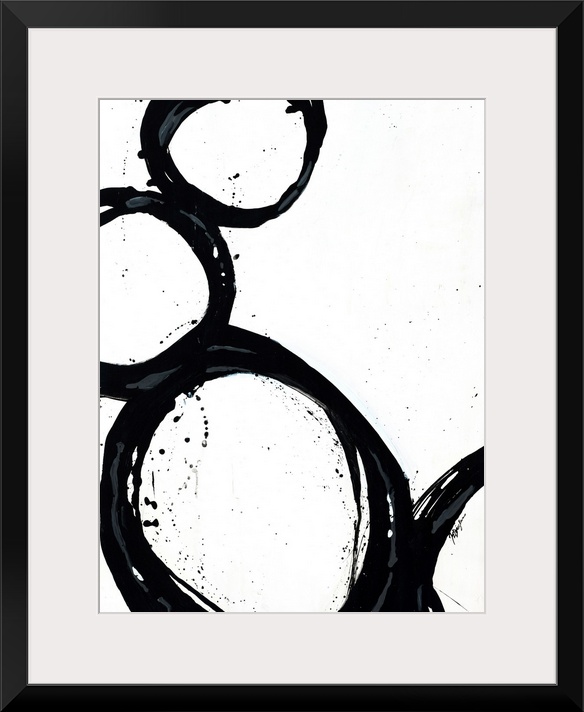 Large abstract art includes four circles with thick borders as they sit against and on top of each other. The use of negat...