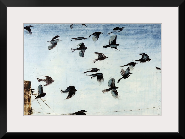 Contemporary artwork of a flock of sparros in flight above a power line in front of a light blue sky.