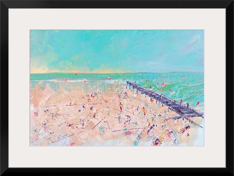 Contemporary artwork of a beach scene with a pier stretching into the ocean.