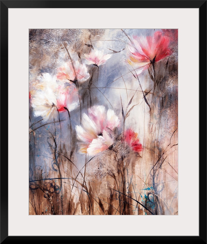 Contemporary painting of soft pale colored flowers against an abstract background.