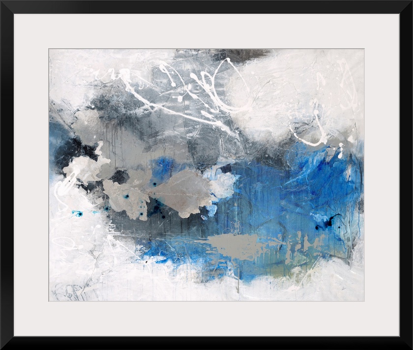 Contemporary abstract painting in white and blue, with white swirls.