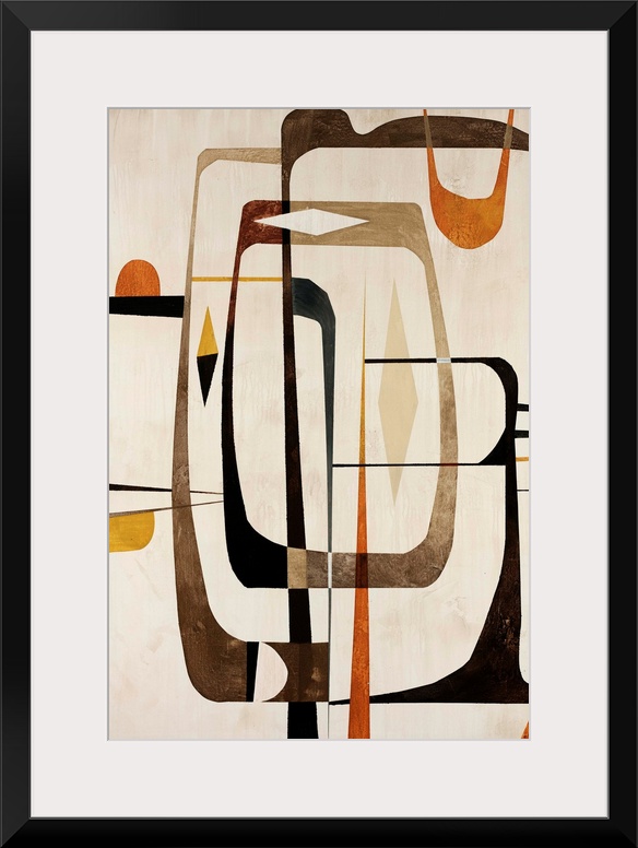This contemporary painting uses elongated decorative shapes to add movement and depth to this abstract wall hanging.
