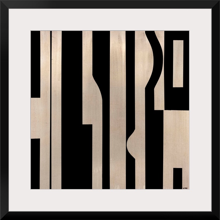 Modern artwork featuring a mixture of dark and light colored shapes.