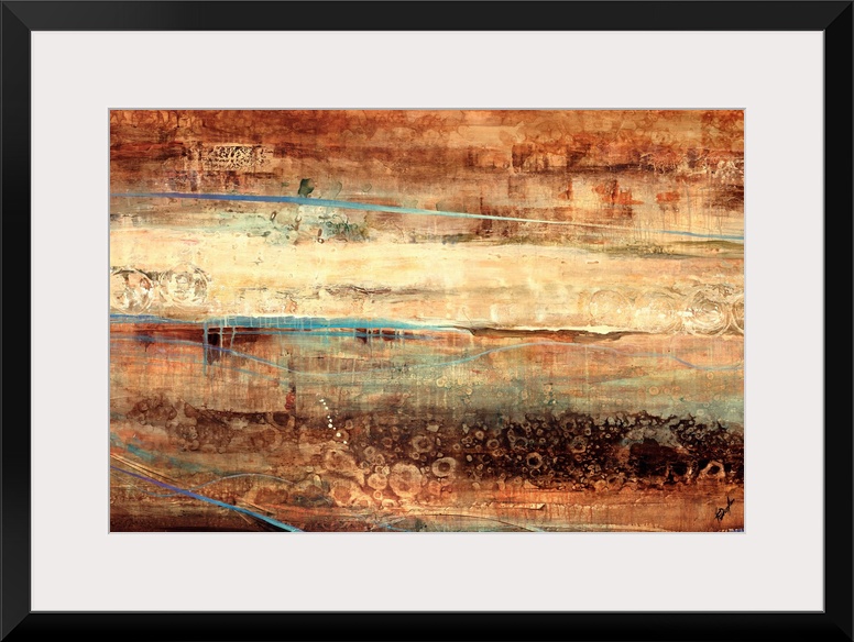 Large, landscape, abstract painting of various horizontal streaks of texture and color in earth tones, that almost appear ...